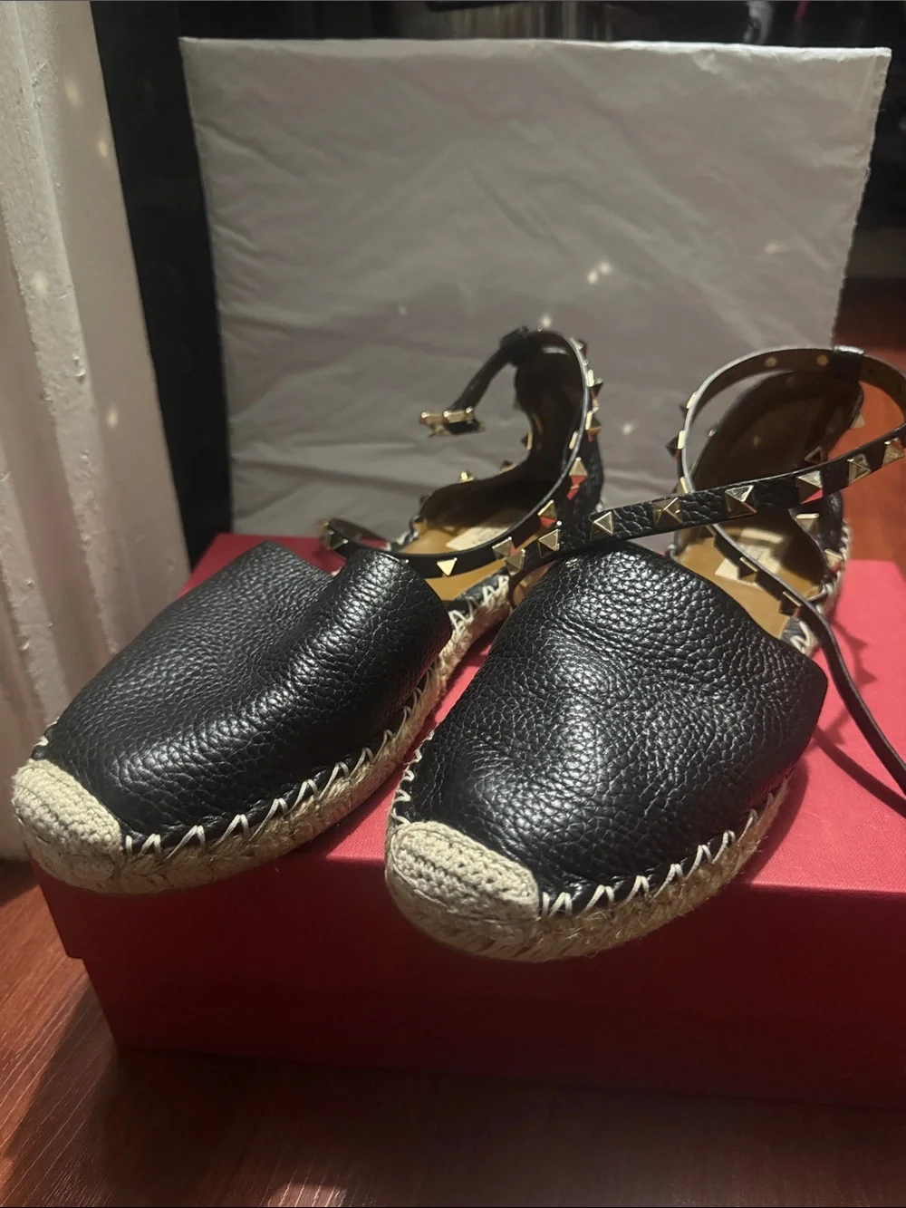 Valentino Garavani Black Leather Espadrilles with Gold Stud Ankle Wrap